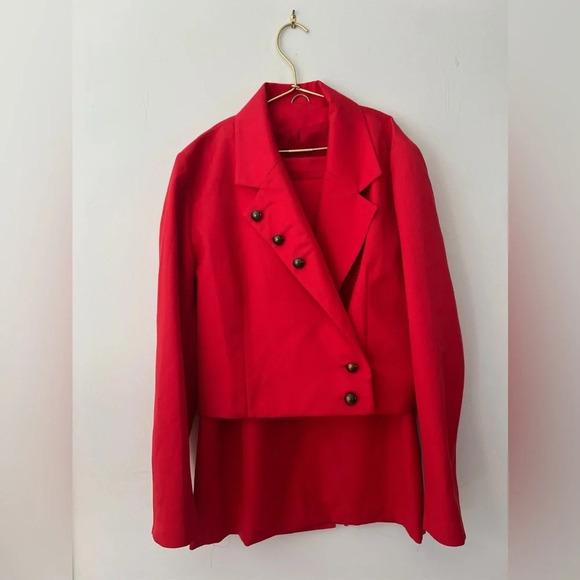 ESSENTIALS vintage Solid All Red Blazer Jacket Skirt Suit Set women’s size 10 - Picture 1 of 5